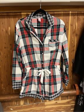 Plaid Drawstring Romper with Button Front
